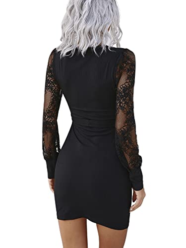 SheIn Damen Spitzen Ärmel Kleid mit Gürtel Hohe Taille Bleistiftkleid Halloween Spitzenkleid Partykleid Bodycon Minikleid Elegant Langarmkleid Schwarz M