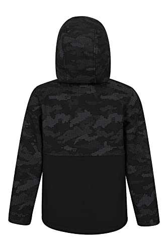 Mountain Warehouse Exodus bunt Bedruckte Softshell-Kinder-Jacke - Winddichte, Wasserabweisende, atmungsaktive Jacke aus Softshell-Stoff für Jungen und Mädchen Schwarz Camo 13 Jahre