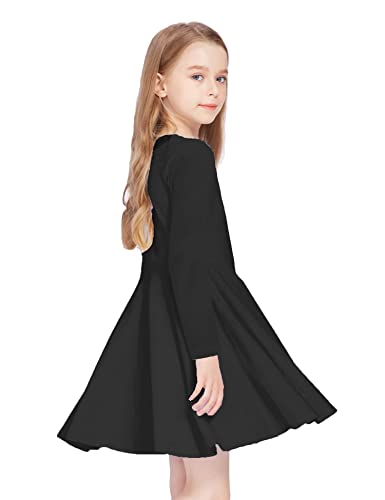 Mädchen Freizeit Langarm Skaterkleid A-Linie Swing Prinzessin einfarbig Rundhals, Schwarz, 130 / 7-8 Jahre