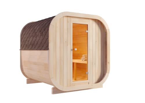 FinnTherm Fasssauna aus Holz ScandiCube Comfort, Outdoor-Sauna modern, Außensauna Garten mit 42 mm Wandstärke, Saunahaus 204 x 225 x 212 cm, naturbehandelt oder Thermoholz