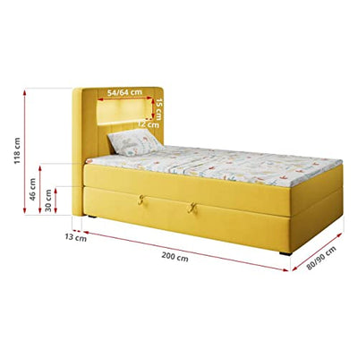 MKS MEBLE Kinderbett mit Led - Polsterbett Gold JUNIOR1 - Jugendbett Funktionsbett Led Bett Boxspringbetten für Kinderzimmer, Jugendzimmer - 90x200 Gelb