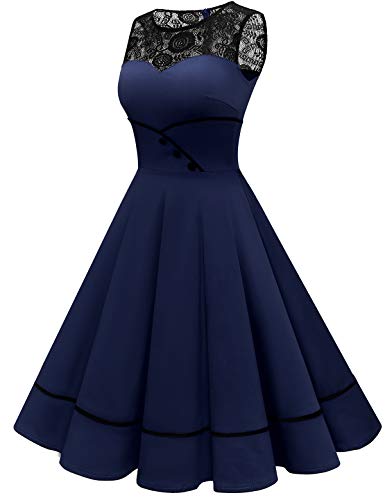 Bbonlinedress Rockabilly Kleider Damen Winterkleid Abendkleider elegant für Hochzeit Jugendweihe Kleider Spitzenkleid Vintage Kleider Cocktailkleid Konfirmationskleider Navy 3XL