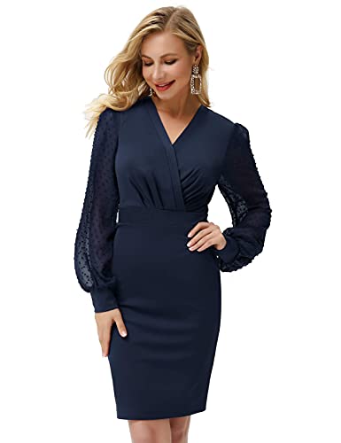 GRACE KARIN Damen Tüll Langarm V-Ausschnitt Bodycon Bleistiftkleid elegant Cocktail Knielang Kleid L Navy Blau CLE2815-4