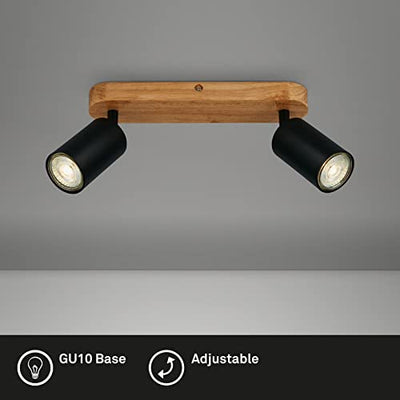 BRILONER Leuchten - Deckenlampe retro mit Holz, 2-flammige Deckenleuchte vintage, 2x GU10 Fassung, verstellbarer LED Spot, rustikaler Deckenspot, Schwarz-Holz, 270x60x85 mm, 2922-025