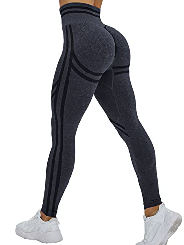 TAYOEA Sport Leggings Damen Leggins High Waist Sporthose Slim Fit Laufhose Sportleggings Po Push Up Yoga Pants Yogahose Tights Fitnesshose Anti Cellulite Nahtlos Lang Fitness Joggen Streifen Grau XL