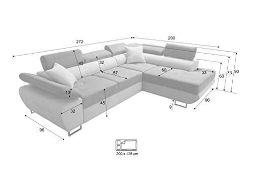 Robin Saturn Premium Ecksofa mit Schlaffunktion, Schlafsofa mit Bettkasten und Kissen, Freistehendes Eckcouch in L-Form, verstellbare Kopfstützen, Polstergarnitur Sofa