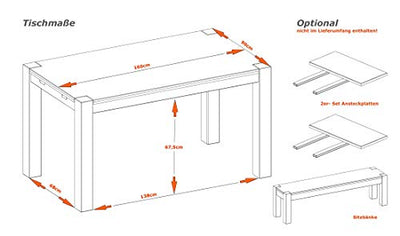 Esstisch 160x90cm Rio Bonito Farbton Cognac braun Pinie Massivholz, geölt und gewachst, Tisch, Optional: passende Bänke 140x38cm oder 160x38cm und 2er- Set Ansteckplatten 50x90cm