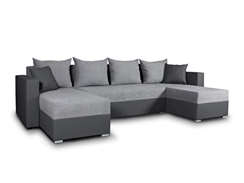 Wohnlandschaft mit Schlaffunktion Beno - U-Form Couch, Ecksofa mit Bettkasten, Couchgranitur mit Bettfunktion, Polsterecke, Big Sofa, Polstergarnitur (Dunkelgrau + Grau (Cayenne 1118 + Enjoy 21))