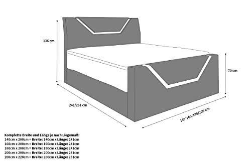 Sofa Dreams Boxspringbett Nantes Polsterbett in Mikrofaser USB Anschluss LED Licht Stauraum Bett in 140x200 160x200 180x200 200x200 200x220 (200 x 220 cm, Orange-Weiß-m16)