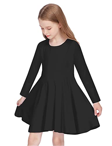 Mädchen Freizeit Langarm Skaterkleid A-Linie Swing Prinzessin einfarbig Rundhals, Schwarz, 130 / 7-8 Jahre