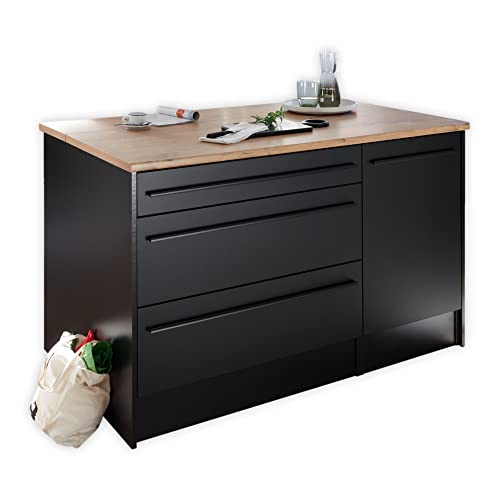 Stella Trading Jazz Moderne Kücheninsel mit Arbeitsplatte freistehend in Schwarz matt, Lanzelot Eiche Optik-Geräumiger Küchenschrank, Holzwerkstoff, 145 x 90 x 90 cm