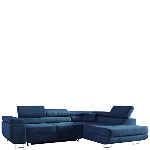 MKS MEBLE Ecksofa Wohnzimmer - Wohnlandschaft - L-Form Couch mit Schlaffunktion - Bettsofa - Wohnzimmer L Couch - Polstersofa mit Bettkasten - Gustaw Dunkelblau