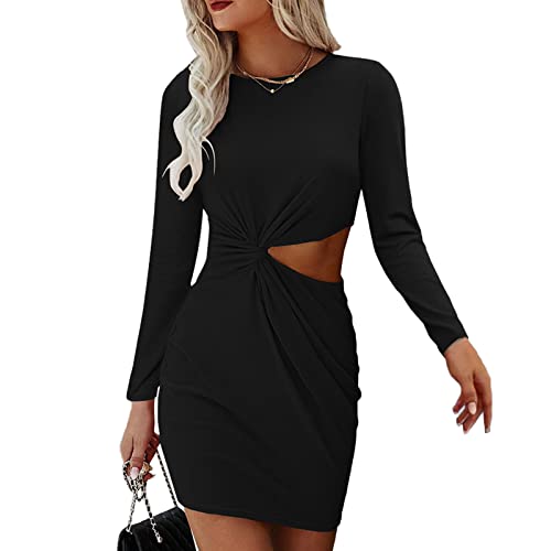 Cocoarm Damen Sexy Bodycon Kurzes Kleid Rundhals Langarm Hüftkleid Aushöhlen Taille Einfarbig Freizeitkleid Minikleid Wickelkleid Businesskleid Partykleid Cocktailkleid(L-Schwarz)