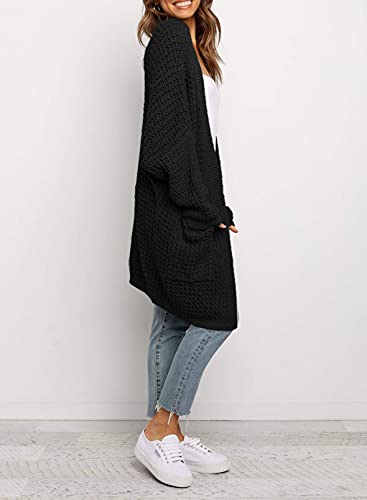 Uusollecy Strickjacke Damen Lang Einfarbige Grobstrick Strickcardigan, Herbst Winter Waffel Strickmantel, Casual Langarm Open Front Sweater Cardigan Outwear mit Tasche Schwarz XL