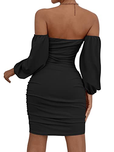 SheIn Damen Schulterfrei Figurbetontes Partykleid Elegant Minikleid Kurz Bodycon Kleider mit Rüschen Schwarz S