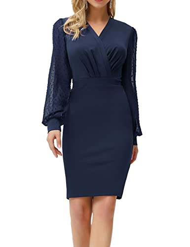 GRACE KARIN Damen Tüll Langarm V-Ausschnitt Bodycon Bleistiftkleid elegant Cocktail Knielang Kleid L Navy Blau CLE2815-4