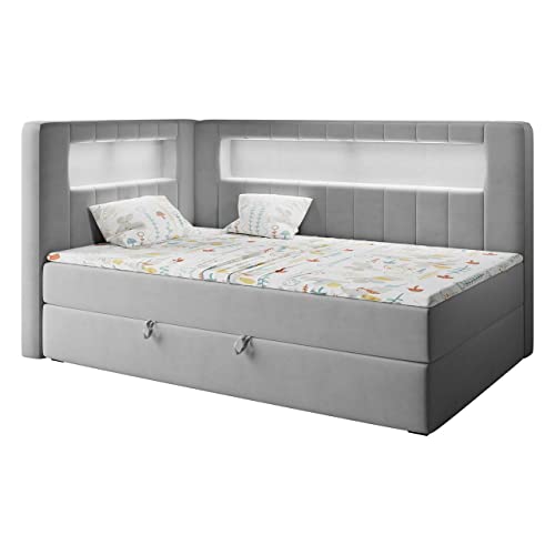 MKS MEBLE Kinderbett mit Led - Polsterbett Gold JUNIOR3 - Jugendbett Funktionsbett Led Bett Boxspringbetten für Kinderzimmer, Jugendzimmer - 90x200 Grau