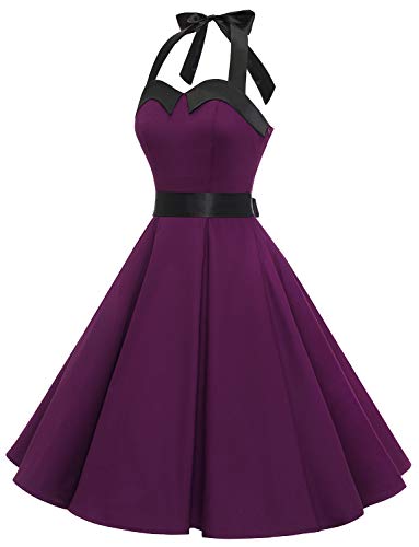 Dressystar Damen Vintage 1950er Retro Cocktailkleid Rockabilly Neckholder Faltenrock Swing Kleider Grape M