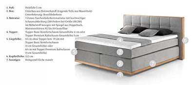 Mivano Levana Boxspringbett mit Sockel aus Eiche, 7-Zonen-Federkern, Matratzen H3 + Topper Premium, Mikrofaser, Anthrazit, Liegefläche 180 x 200 cm