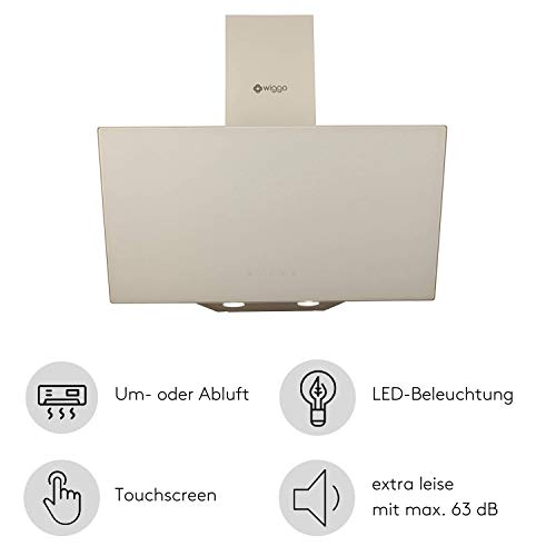 Wiggo Dunstabzugshaube 60cm kopffrei I Abluft Umluft Dunstabzug 300m³/h - LED Touch-Display 3 Stufen I Schräghaube inkl. Fettfilter & 2x Kohlefilter I Abzugshaube mit Glasfront creme