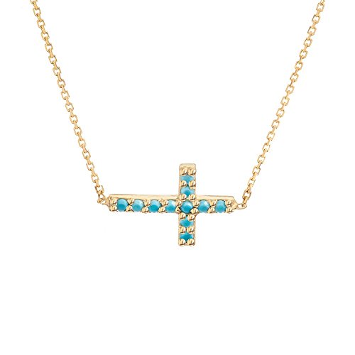 14 Karat Gelbgold, verstellbar, seitlich verstellbar, Nano-Kunst, Türkis, Mini-Kreuz-Halskette, Schmuck, Geschenke für Frauen – 46 cm, Metall, Türkis