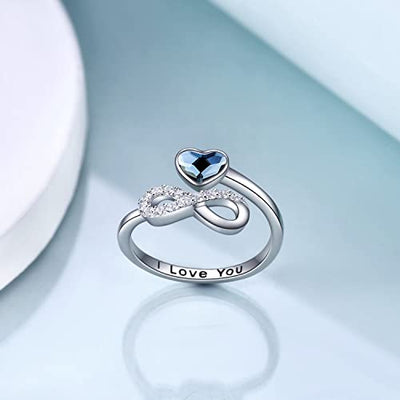 Toupop Unendlichkeit Ringe Für Damen 925 Sterling Silber Ringe Für Frauen Ich liebe dich Ring mit blauen Kristall Schmuck Geschenke Für Frauen Weißgold Überzogene Einstellbare Ring für Mädchen Mama