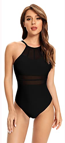 SHEKINI Damen Einteiliger Badeanzug Retro Masche-Design Verstellbar Rückenfrei Slim Bauchweg Bademode High Neck Einteiliger Swimsuit（S, Schwarz）