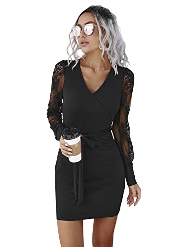 SheIn Damen Spitzen Ärmel Kleid mit Gürtel Hohe Taille Bleistiftkleid Halloween Spitzenkleid Partykleid Bodycon Minikleid Elegant Langarmkleid Schwarz M