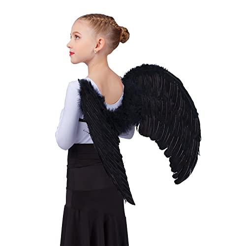 Singtis Schwarz Flügel, Engel Kostüm Damen, Flügel Schwarz und Heiligenschein, Teufel Kostüm Damen, Schwarze Flügel Groß, Wings Costume für Kostümparty Halloween Verkleidung, + 1x Teufelshörner