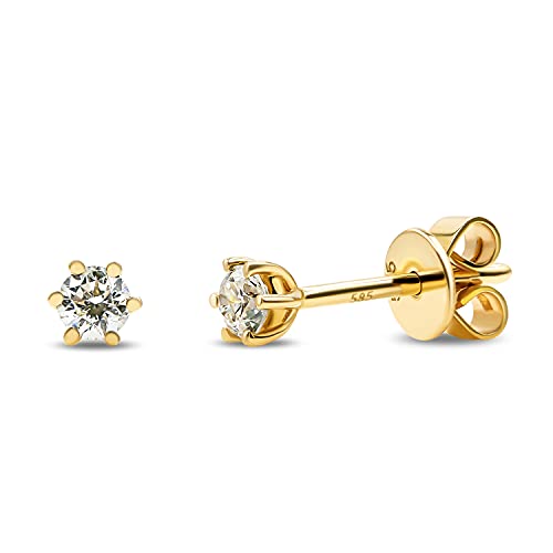 EDELIND Damen Ohrstecker 585 Gelbgold mit 2 Diamanten 0.20 Karat - Ohrringe Set 14 Karat Echt Gold - Goldschmuck Brilliant Ohrstecker 3,5 mm mit Schmuck Geschenk Box