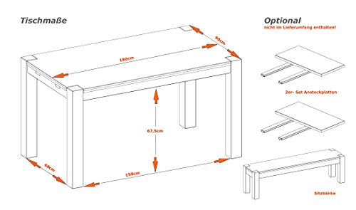 Esstisch 180x90cm Rio Bonito Farbton Honig hell Pinie Massivholz geölt und gewachst Tisch, Optional: passende Bänke