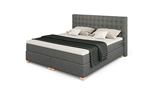 Betten Jumbo King Slim Boxspringbett 180x200 cm 7-Zonen TFK Härtegrad H4 und Visco-Topper | Farbe Grau | div. Größen verfügbar