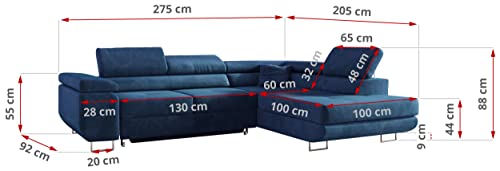 MKS MEBLE Ecksofa Wohnzimmer - Wohnlandschaft - L-Form Couch mit Schlaffunktion - Bettsofa - Wohnzimmer L Couch - Polstersofa mit Bettkasten - Gustaw Dunkelblau