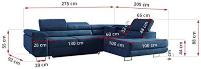 MKS MEBLE Ecksofa Wohnzimmer - Wohnlandschaft - L-Form Couch mit Schlaffunktion - Bettsofa - Wohnzimmer L Couch - Polstersofa mit Bettkasten - Gustaw Dunkelblau