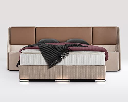 London Boxspringbett mit Bettkasten Velourstoff 200 x 200 cm/Kamelhaarfarbe/LED-Fuß