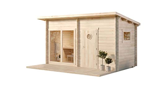 Polhus Gartensauna aus Holz Kivi, Outdoor-Sauna modern mit 2 Räumen für 4 Personen, Außensauna Garten mit Panoramafenster aus Isolierglas, Saunahaus 465 x 390 x 250 cm, naturbelassen