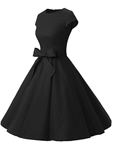 Dressystar Damen Vintage 50er Cap Sleeves Dot Einfarbig Rockabilly Swing Kleider XXXL Schwarz