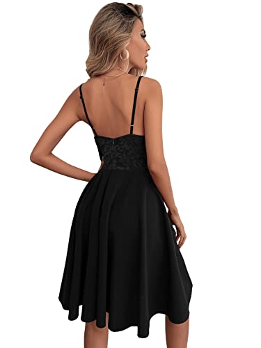 SheIn Damen A-Linie Ärmellos Kleider Knielang Spitzenkleid V-Nack Spaghettiträger Partykleid Schwarz S