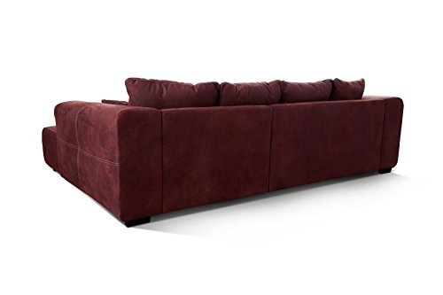 Cavadore Ecksofa Mavericco / XXL Eckcouch Inkl. Rückenkissen und Zierkissen / Longchair rechts / Industrial Style / 285 x 69 x 170 (BxHxT) / Mikrofaser Rot (bordeaux)