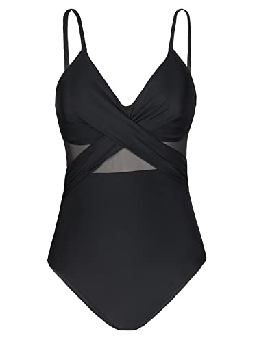 CUPSHE Damen Badeanzug Wickeloptik Sheer Mesh Monokini V Ausschnitt Figurformend Einteilige Bademode Swimsuit Schwarz M