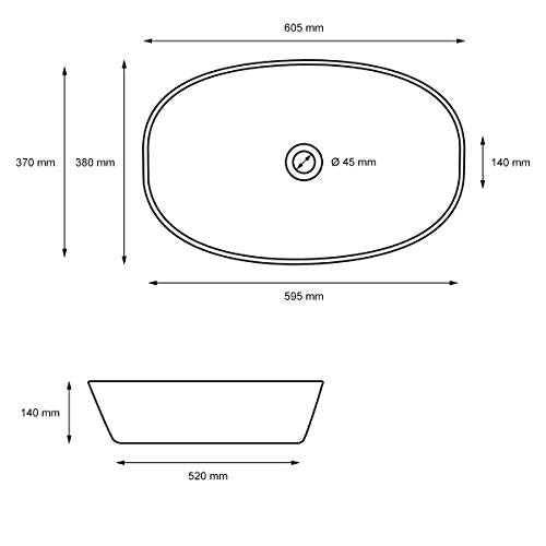 ECD Germany Waschbecken Waschtisch 605x380x140 mm aus Keramik Oval Weiß - Aufsatzbecken Aufsatzwaschbecken Handwaschbecken Aufsatzwaschtisch Spülbecken Becken Wasserfall Waschschale Waschschlüssel