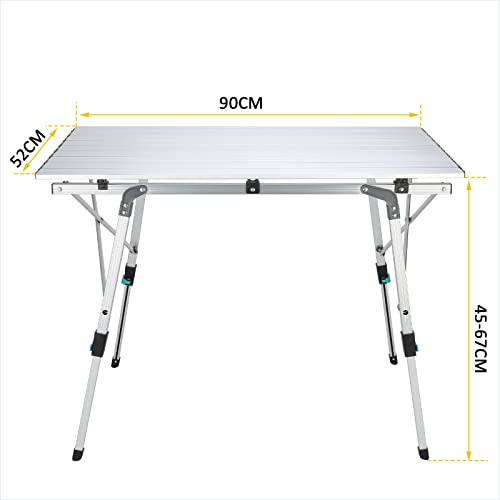 Synlyn Aluminium Campingtisch Falttisch Tragbar Klapptisch 90 x 52 x (45-67) cm faltbar Camping Tisch Klappbar Multifunktionstisch Reisetisch im Garten für Festivals Märkte Outdoor Party - Silber