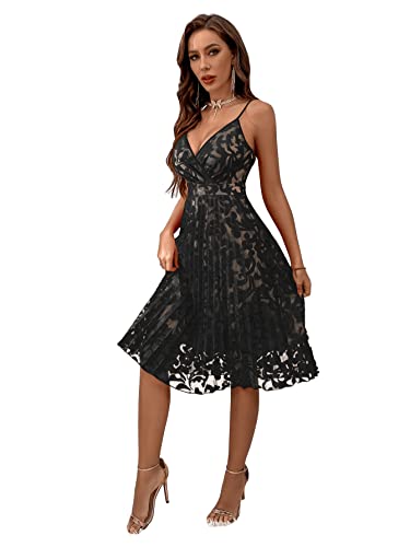 SheIn Damen Elegant Spitzenkleid Knielang A-Linie Plisseekleid Spaghettiträger Swing Cocktailkleid Ärmellos Faltenkleid Schwarz S