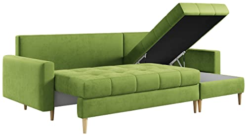 MKS MEBLE Ecksofa Wohnzimmer - Wohnlandschaft - L-Form Couch mit Schlaffunktion - Bettsofa - Wohnzimmer L Couch - Polstersofa mit Bettkasten - Astra Grün