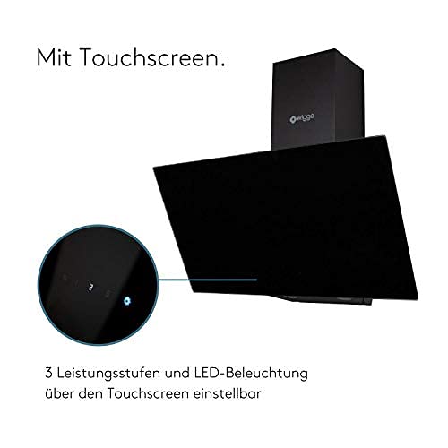 Wiggo Dunstabzugshaube 60cm kopffrei I Abluft Umluft Dunstabzug 300m³/h - LED Touch-Display 3 Stufen I Schräghaube inkl. Fettfilter & 2x Kohlefilter I Abzugshaube mit Glasfront schwarz