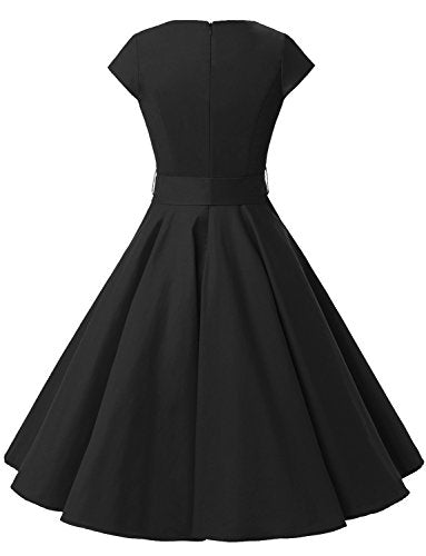 Dressystar Damen Vintage 50er Cap Sleeves Dot Einfarbig Rockabilly Swing Kleider XXXL Schwarz