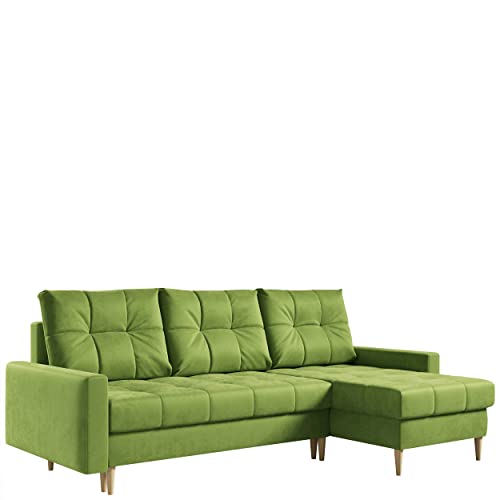 MKS MEBLE Ecksofa Wohnzimmer - Wohnlandschaft - L-Form Couch mit Schlaffunktion - Bettsofa - Wohnzimmer L Couch - Polstersofa mit Bettkasten - Astra Grün