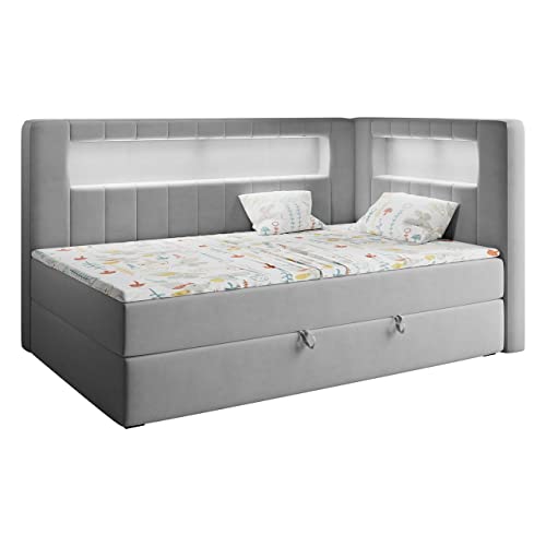 MKS MEBLE Kinderbett mit Led - Polsterbett Gold JUNIOR3 - Jugendbett Funktionsbett Led Bett Boxspringbetten für Kinderzimmer, Jugendzimmer - 90x200 Grau