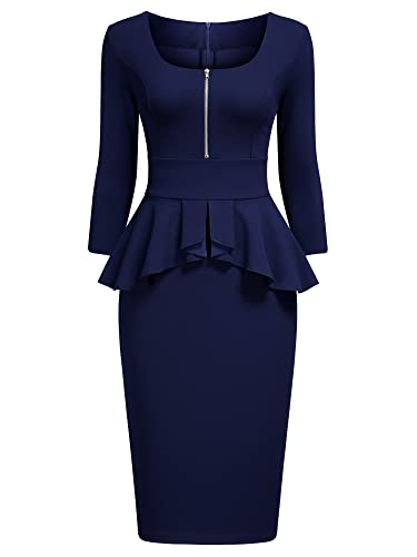 MIUSOL Damen Business Cocktailkleid Karree-Ausschnitt 3/4 Arm Reißverschluss Schößchen Kleid Navy Blau XL