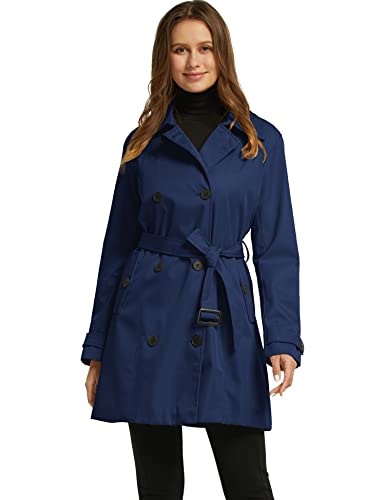 Wantdo Damen Schulterklappen Jacke mit Verstellbare Gürtel Winddicht Herbst Jacke Zweireiher Trenchcoat Mantel Navy S